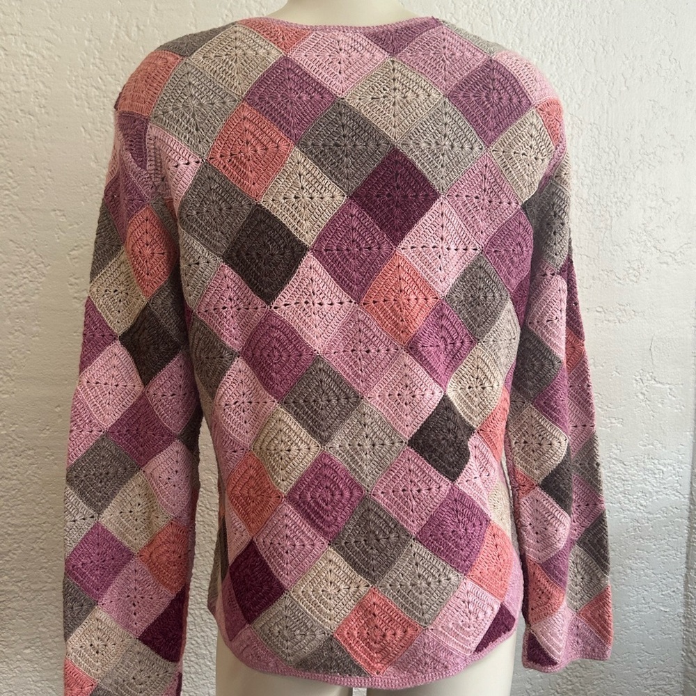 Talbots Large Pink / Brown Crochet Patchwork Rami… - image 2
